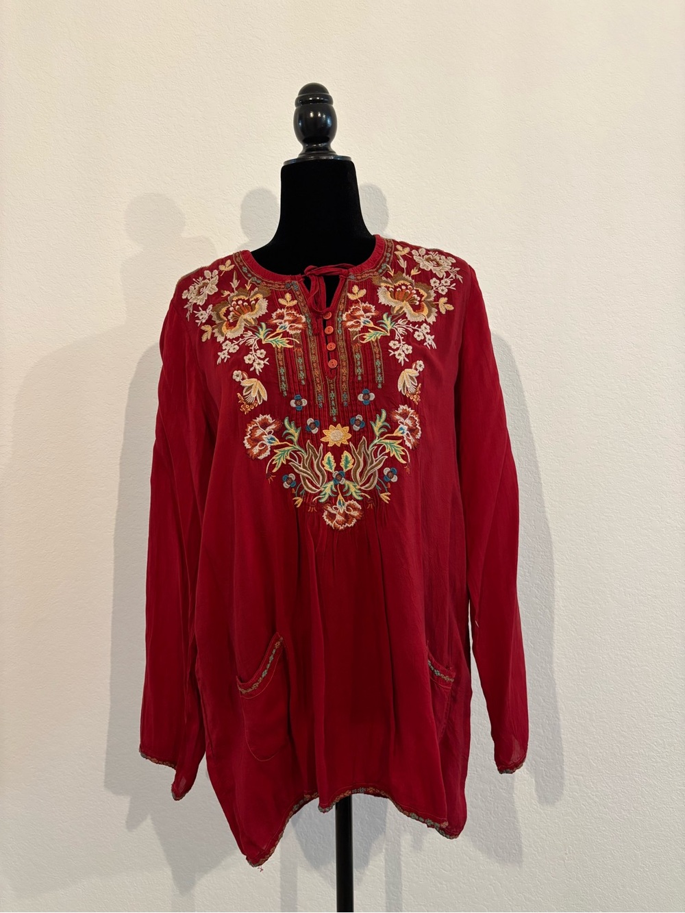 Johnny Was Red Embroidered Boho Tunic Top